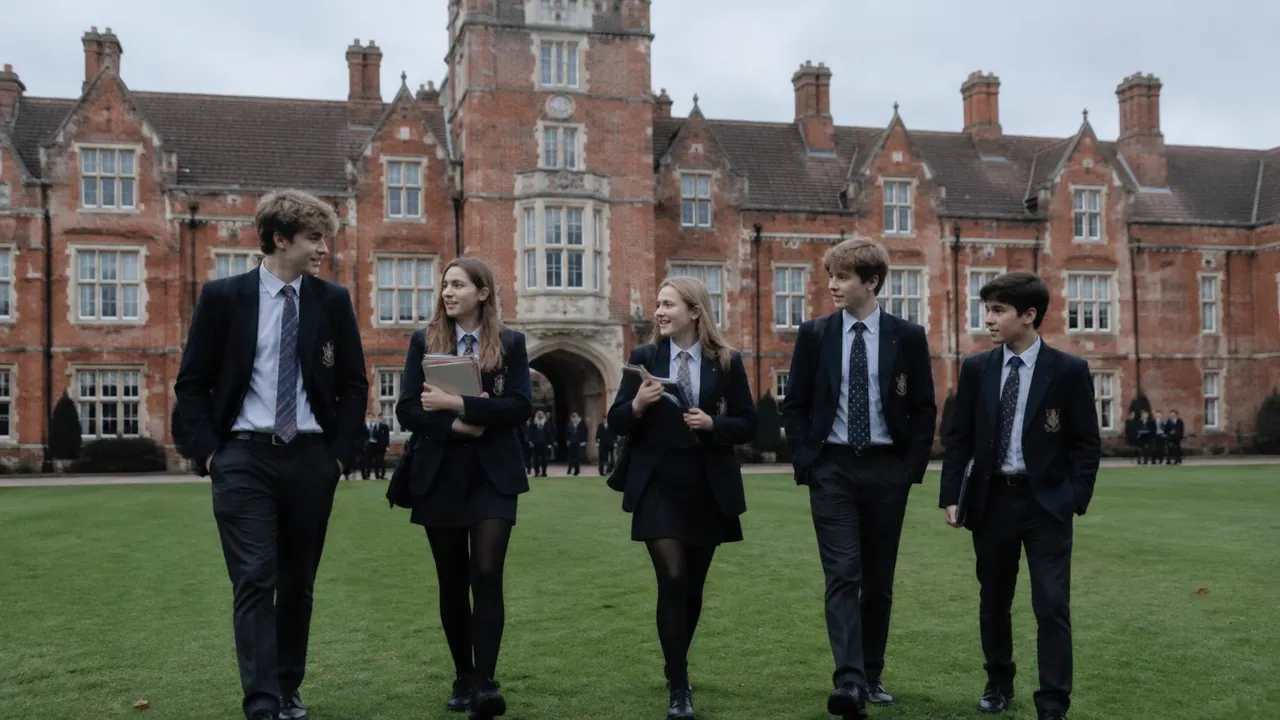 Élèves devant un boarding school en Angleterre