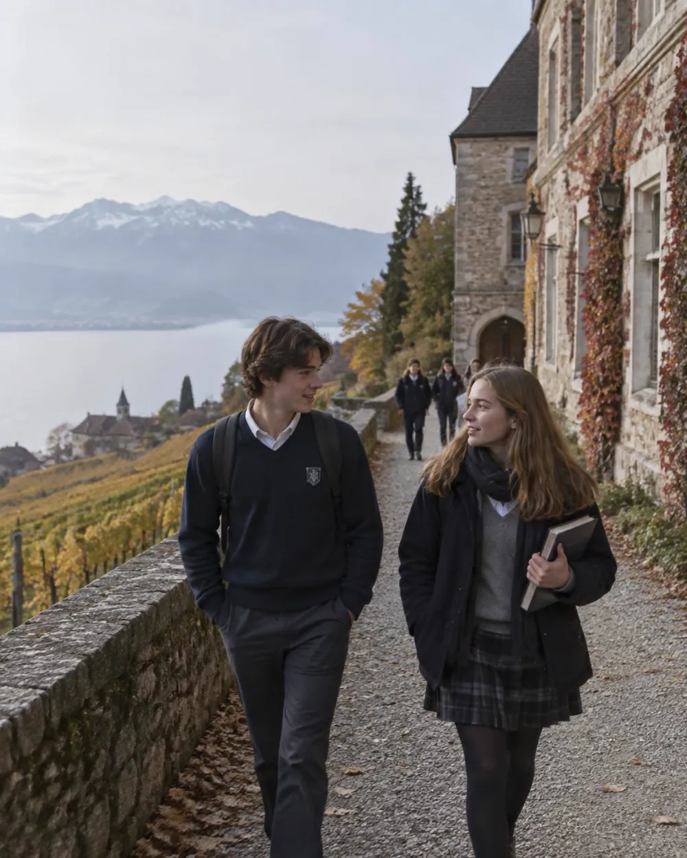 Élèves marchant près d’une école en pierre au-dessus du Lac Léman