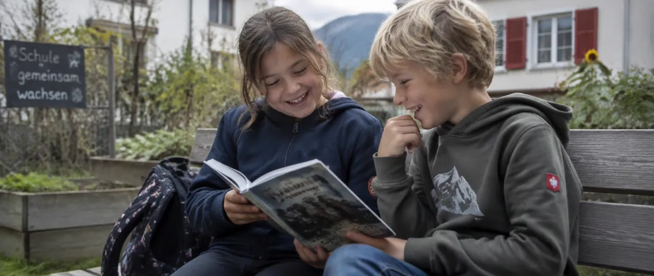 Deux enfants lisant sur un banc dans un jardin d’école