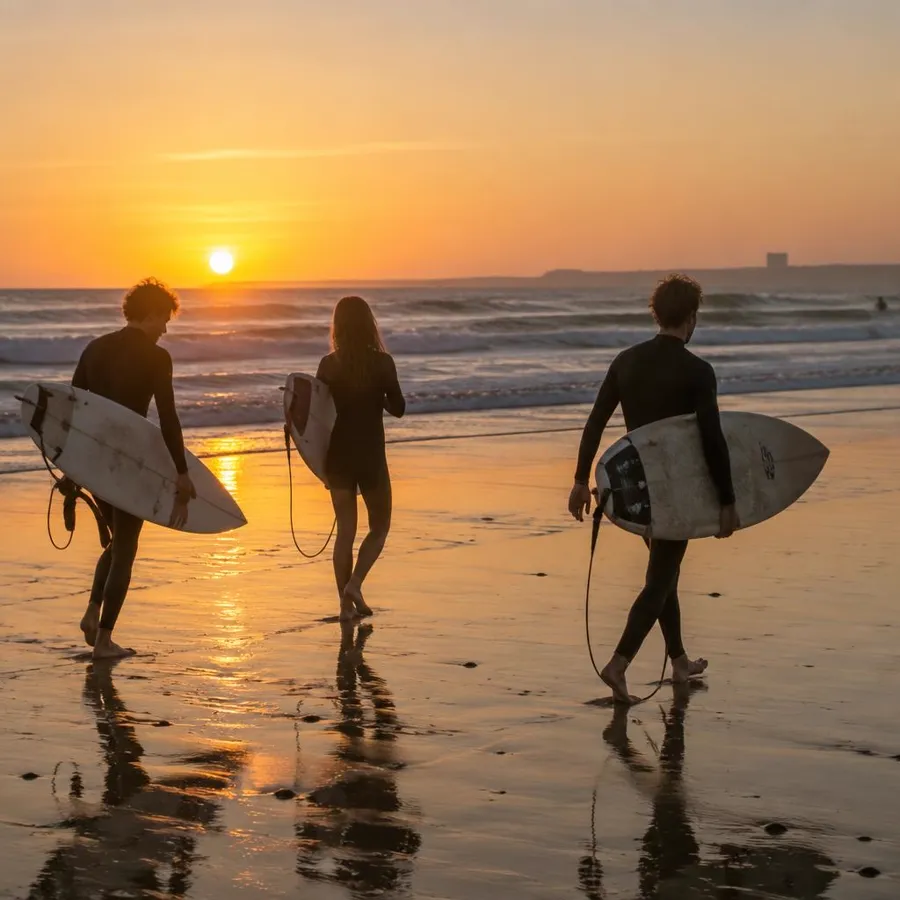 Adolescents avec leurs planches de surf au coucher du soleil en Vendée